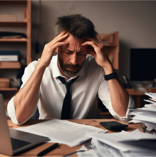 Грустный мужчина перед ноутбуком держится за голову